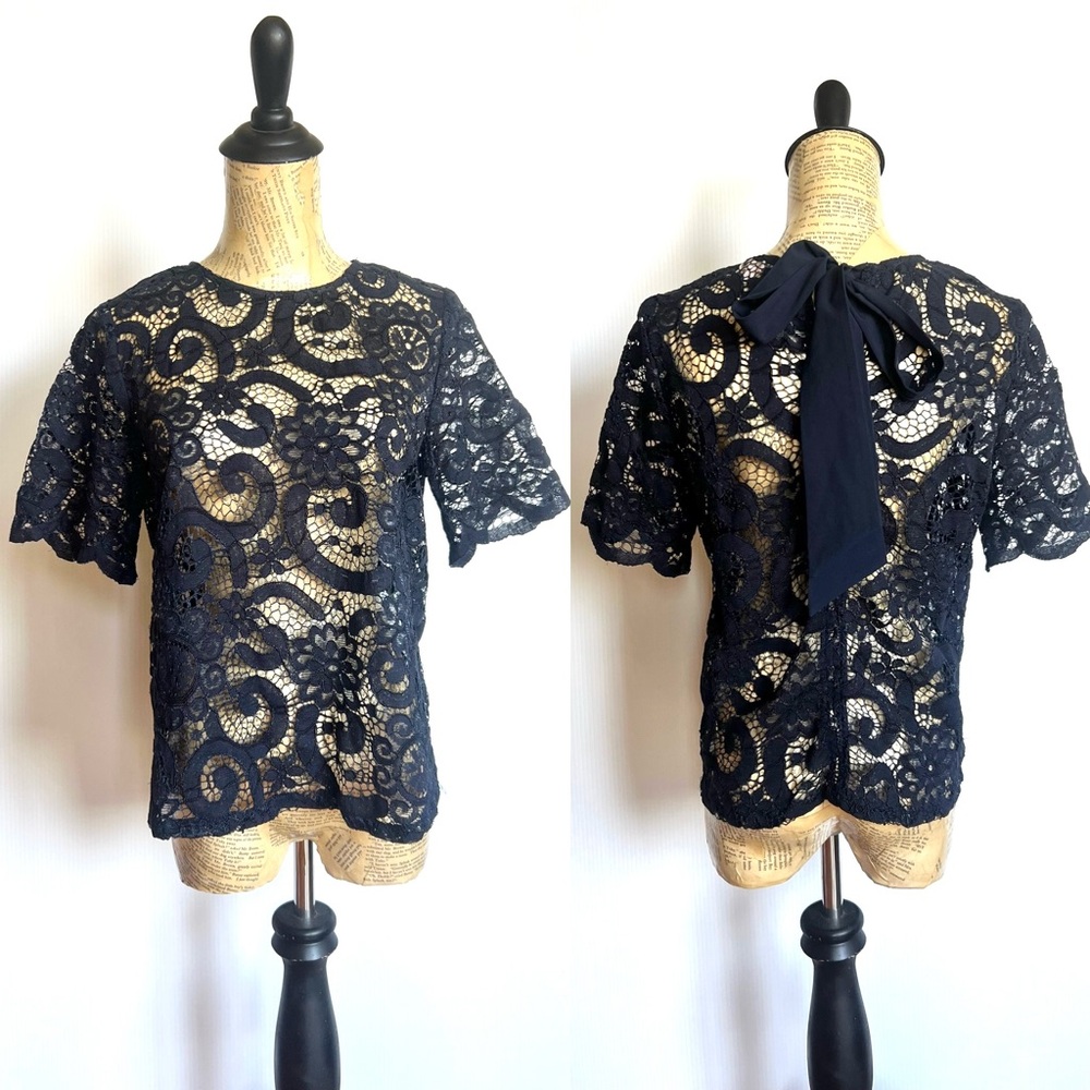 Nanette Lepore bobbin lace navy sheer ribbon tie blouse top